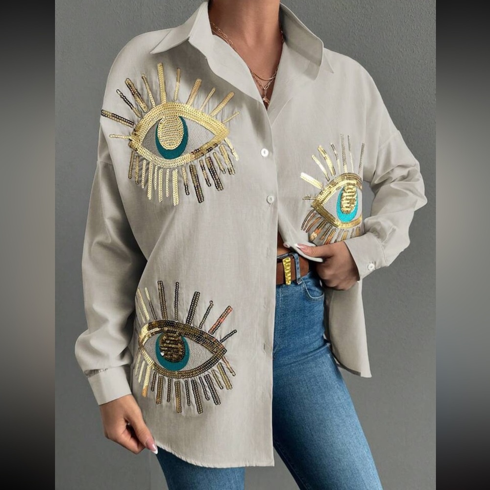 Boho beige blue eye embroidered button down long sleeve shirt - Picture 5 of 5